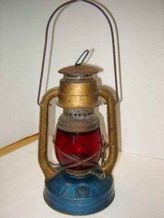 Vintage Blue Dietz Little Wizard Lantern W/ Red Glass Globe