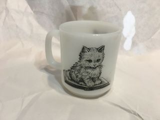Cat On Book Glasbake Milk Glass Coffee Tea Mug Vintage