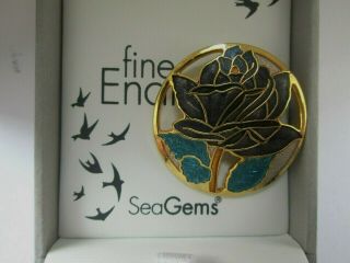 Vintage Signed Celtic Sea Gems Cloisonne Enamel Rose Flower Brooch Pin 2