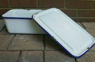 White Enamel Refrigerator Pan With Lid Blue Trim Vintage Rectangle Storage Pan