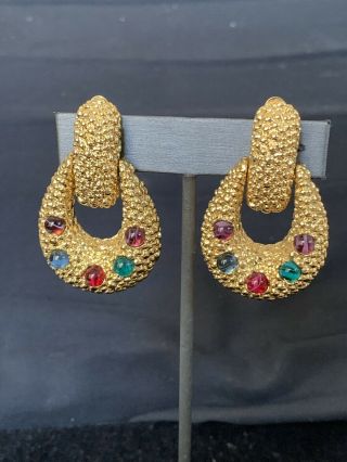 Vintage St John Gold Plated Gems Clip Earrings