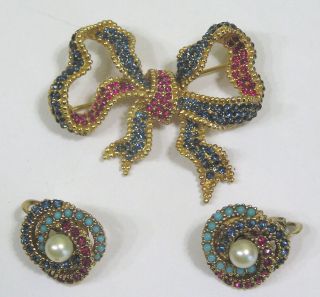 Vtg Jewelry Ciner Signed Bow Brooch & Earrings Rhinestones Beads Red Blue