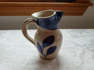 Vintage Williamsburg Pottery Salt Glaze Stoneware Cobalt Blue Leaf Pitcher