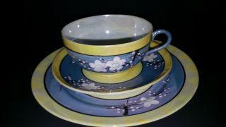 VINTAGE JAPANESE PORCELAIN LUSTREWARE TEA SET PEACH & BLUE YELLOW 19 PIECE 7