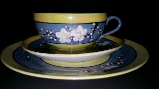 VINTAGE JAPANESE PORCELAIN LUSTREWARE TEA SET PEACH & BLUE YELLOW 19 PIECE 8