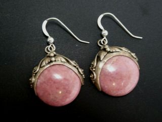 Vintage Sterling Silver 925 Pink Rhodonite Jasper Gemstone Round Ornate Earrings