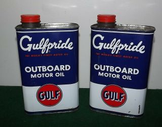 2 Vintage Gulf Gulfpride Motor Oil Can Metal Quart Outboard
