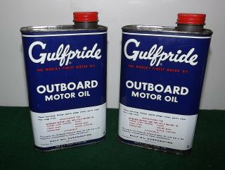 2 VINTAGE GULF GULFPRIDE MOTOR OIL CAN METAL QUART OUTBOARD 2
