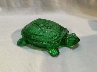 Vintage Turtle Dish With Lid Green Depression Glass Lidded Trinket