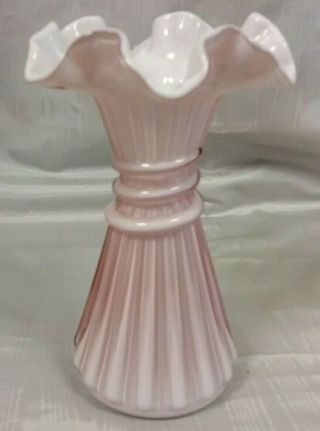 Fenton Ruffled Edge Wheat Vase With Dusty Rose/pink Overlay Vintage Evc