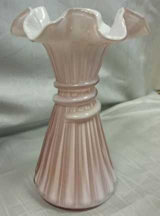 Fenton Ruffled Edge Wheat Vase with Dusty Rose/Pink Overlay Vintage EVC 2