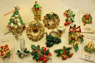 Vintage Christmas Pins/brooches Several Signed,  Candles,  Wreaths,  Trees,  Gerry