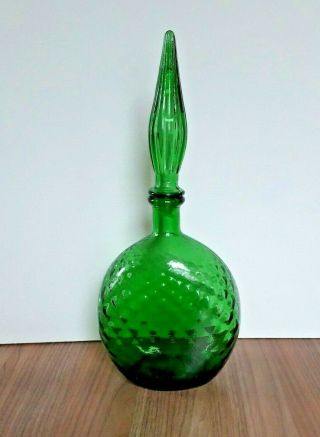 Vintage Retro Kitsch 1960s Italian Empoli Style Green Glass Bottle With Stopper