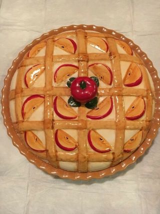 Vintage Ceramic Apple Pie Plate Saver Keeper Covered Lid Apples Dish Lattice 099