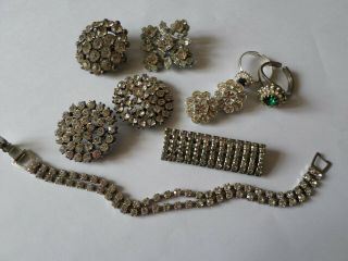 Vintage Diamante Brooches Bracelet Rings And Buttons