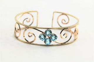 Vintage Estate Jewelry Art Deco Era Cuff Bracelet Scroll & Crystal Gold Filled