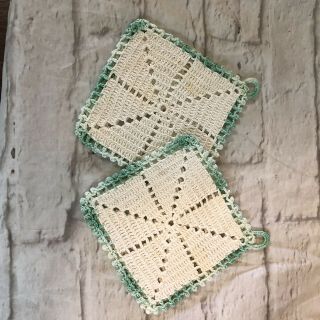 Set Of 2 Vintage Hand Crochet Deep Green & White Potholders
