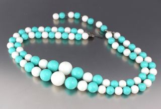 Vintage 50’s Multi 2 Strand Blue & White Plastic Lucite Graduated Bead Necklace
