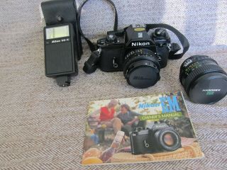Vintage Nikon Em Camera With Nikon 50mm 1:1.  8 Lens & Zoom With Inst Book & Case