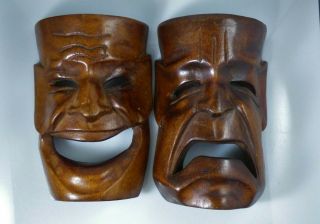 Vintage Pair Hand Carved Wood Comedy Tragedy Art Masks Actor Theater Decoration 2