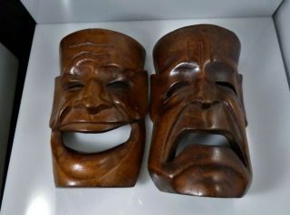 Vintage Pair Hand Carved Wood Comedy Tragedy Art Masks Actor Theater Decoration 3