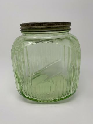 Vintage Green Depression Glass Gallon Jar With Lid (glows)