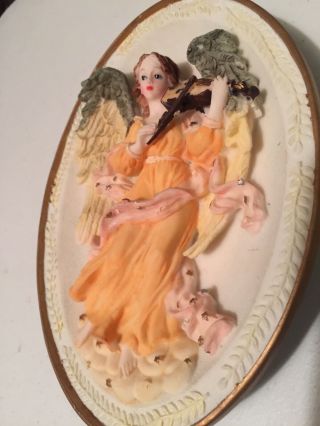 Angel Playing Violin Plate Vintage Porcelain Wall Plaque 8 " Oval Decor 3d