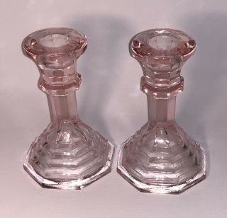 Pair (2) Vintage Pink Depression Glass Candle Holders Candlestick Taper