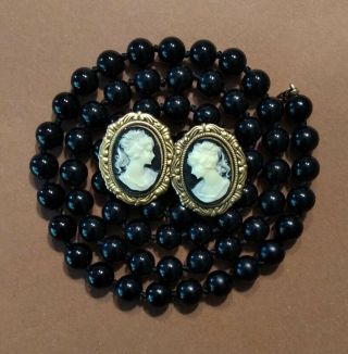 Vintage Trifari Knotted Black Bead Necklace Gold Tone Black Lady Cameo Earrings