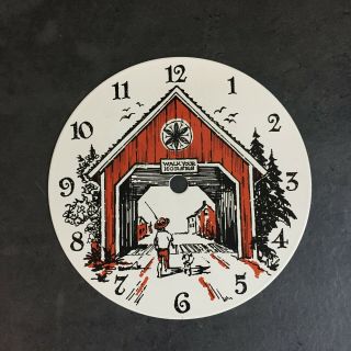 Vintage Nos 6 " Round Porcelain Enamel Clock Face Dial Boy Fishing Dog Bridge Red