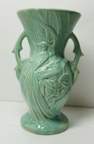 Vintage Mccoy Art Pottery Bird Of Paradise Double Handle Aqua Turquoise Vase 8”