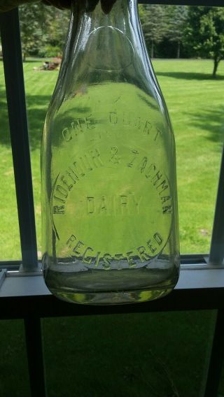 Vintage Ridenour & Zachman Dairy Milk Bottle One Quart Embossed