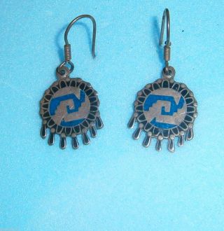 Vintage Dangle Sterling Silver Castelan Tribal Blue Turquoise Mosaic Earrings