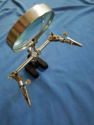 Vintage Magnifying Glass W/ Adjustable Clamps Heavy Solid Base Jewelers Loupe