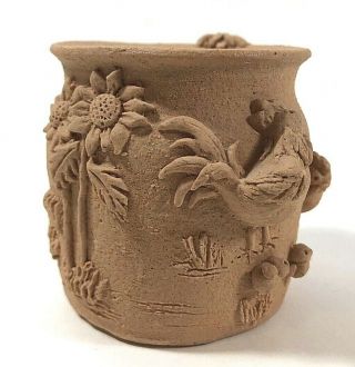 June Sears Terra Cotta Planter Vintage 1978 Chickens Rooster Chicks Signed Dated 2
