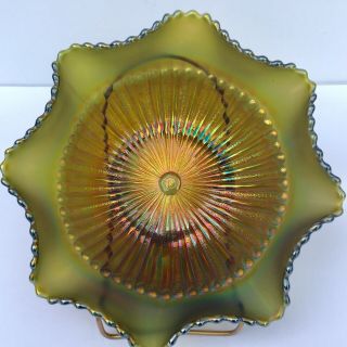 Vintage Signed Northwood Green Carnival Glass Stippled Ray 9 " Ruffled Bowl