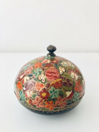 Vintage 3” Round Hand Painted Paper Mache Trinket Jewelry Box From India W/ Lid