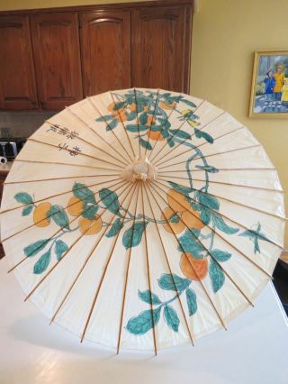 Vtg Asian Hand Painted Umbrella Lacquered Rice Paper Orange Blossom Birds Signed