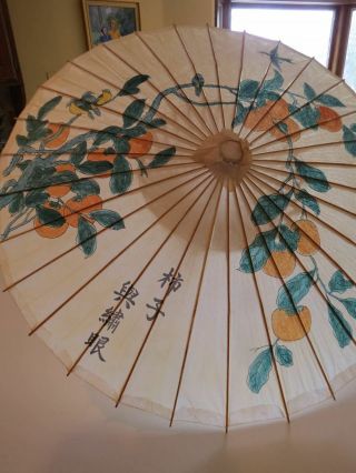 Vtg Asian Hand Painted UMBRELLA Lacquered Rice Paper Orange Blossom Birds Signed 2