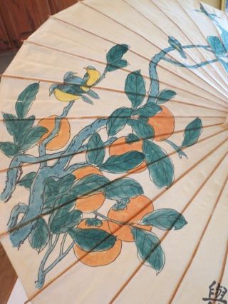 Vtg Asian Hand Painted UMBRELLA Lacquered Rice Paper Orange Blossom Birds Signed 3