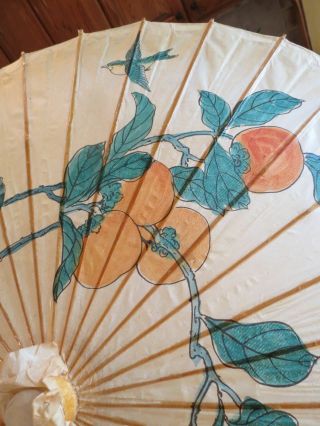 Vtg Asian Hand Painted UMBRELLA Lacquered Rice Paper Orange Blossom Birds Signed 4