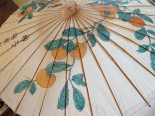 Vtg Asian Hand Painted UMBRELLA Lacquered Rice Paper Orange Blossom Birds Signed 5