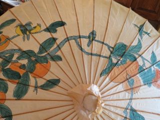 Vtg Asian Hand Painted UMBRELLA Lacquered Rice Paper Orange Blossom Birds Signed 6