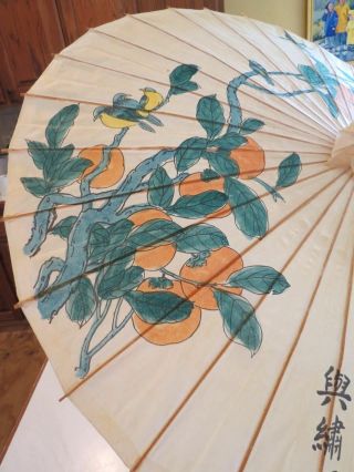Vtg Asian Hand Painted UMBRELLA Lacquered Rice Paper Orange Blossom Birds Signed 7