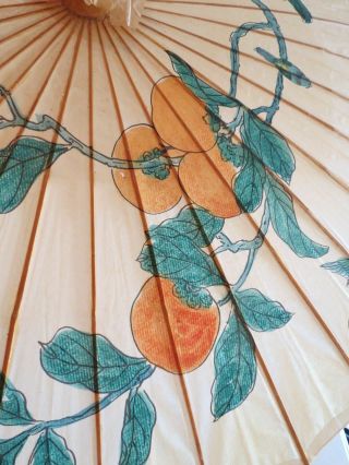 Vtg Asian Hand Painted UMBRELLA Lacquered Rice Paper Orange Blossom Birds Signed 8