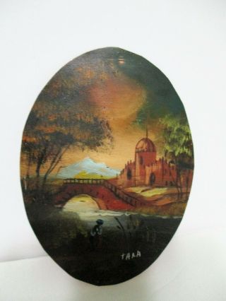 Vintage Oval Miniature Oil Painting on Copper in Gold Frame Signed Tara 2