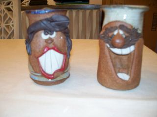 Vintage Man And Woman Clay Pottery Funny Face Mugs/signed By Artist/1970 