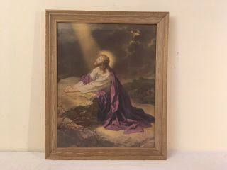 Large Vintage Jesus Praying In The Garden Purple Robe Lithograph Print Framed