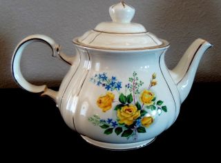 Vintage Sadler England Tea Pot Yellow Roses,  Gold Trim