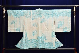 Vintage Silk Kimono Jacket:fully Shibori Light Blue Bamboo Bush@yg06